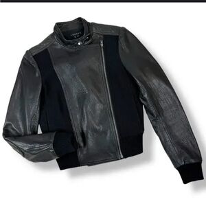Theory Black Leather Jacket Lambskin Leather Wool  Size small Full Zip coat